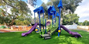blue purple and green playground | Creative Recreation Products commercial playground equipment
